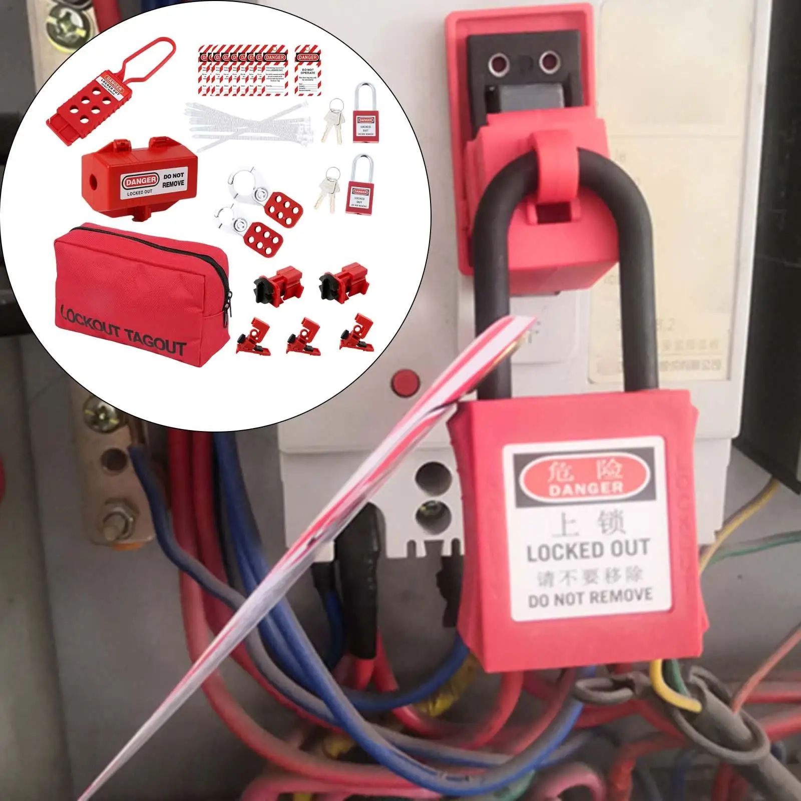 

Комплект Lockout Tagout. Маленькая коробка с замком и сумка для переноски с откидной биркой.