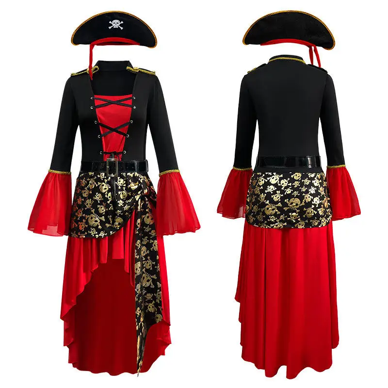 Disfraz de Halloween para Mujer Adulta, Disfraz de Pirata del Caribe Jack Sparrow, Ropa de Actuación, Traje de Baile con Maquillaje Rojo, Material de Poliéster