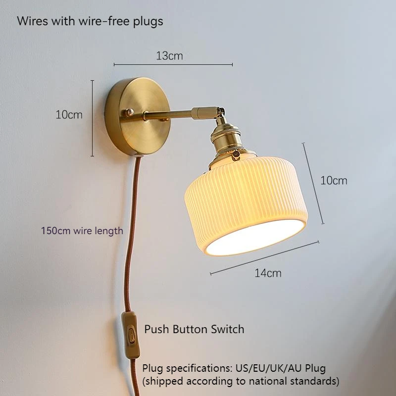 Japão Vintage Brass Ceramic Wall Lamp, Puxe o interruptor, Aperte giratório para quarto, Luz de parede de cabeceira, Decoração para casa