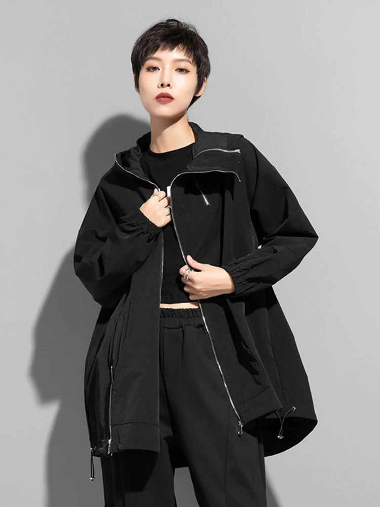 [EAM] Loose Black Zipper Irregular Big Size Long Jacket New Hooded Long Sleeve Women Coat Fashion Spring Autumn 2024 1DF1658