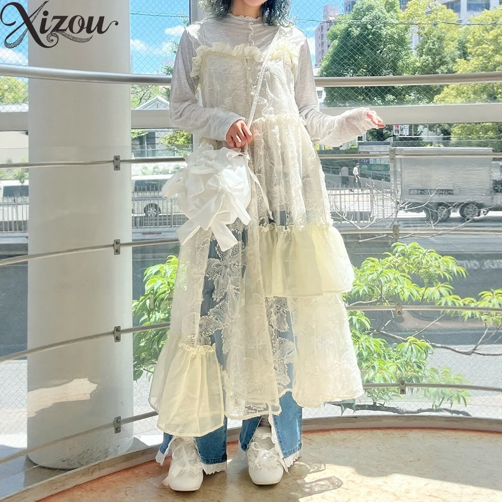 فستان فتاة حلوة زهرة كشكش شير بلا أكمام حزام طويل JSK لوليتا فساتين فضفاضة 2025 الخريف اليابانية الدانتيل الجنية سيدة رقيقة #3