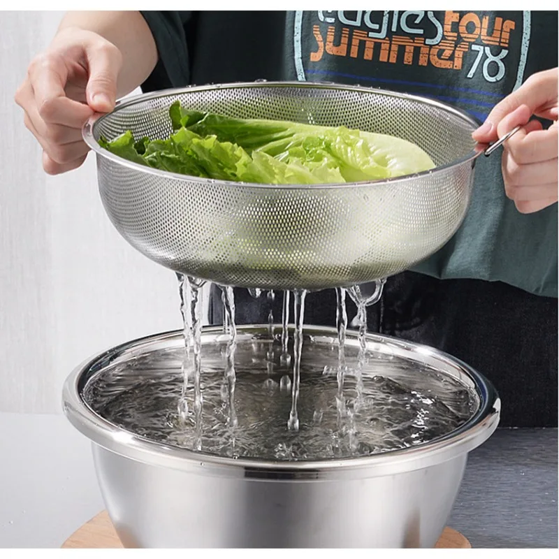 1pc Stainless Steel Thickened Drainage Basket with Dense Holes, Single Ring Vegetable Washing Rice Sieve Kitchen Storage Tools