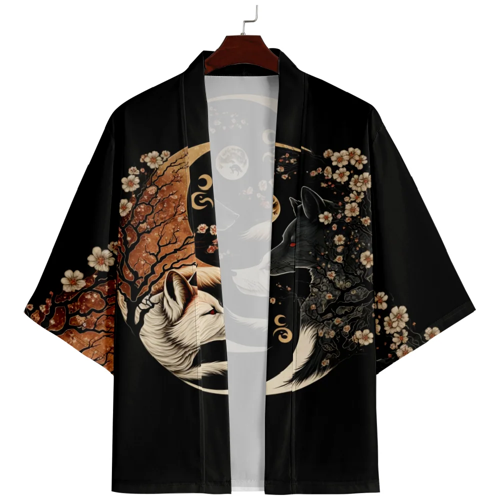 

Black White Tai Chi Wolf Print Japanese Kimono Streetwear Men Women Cardigan Haori Traditional Beach Yukata 5XL 6XL