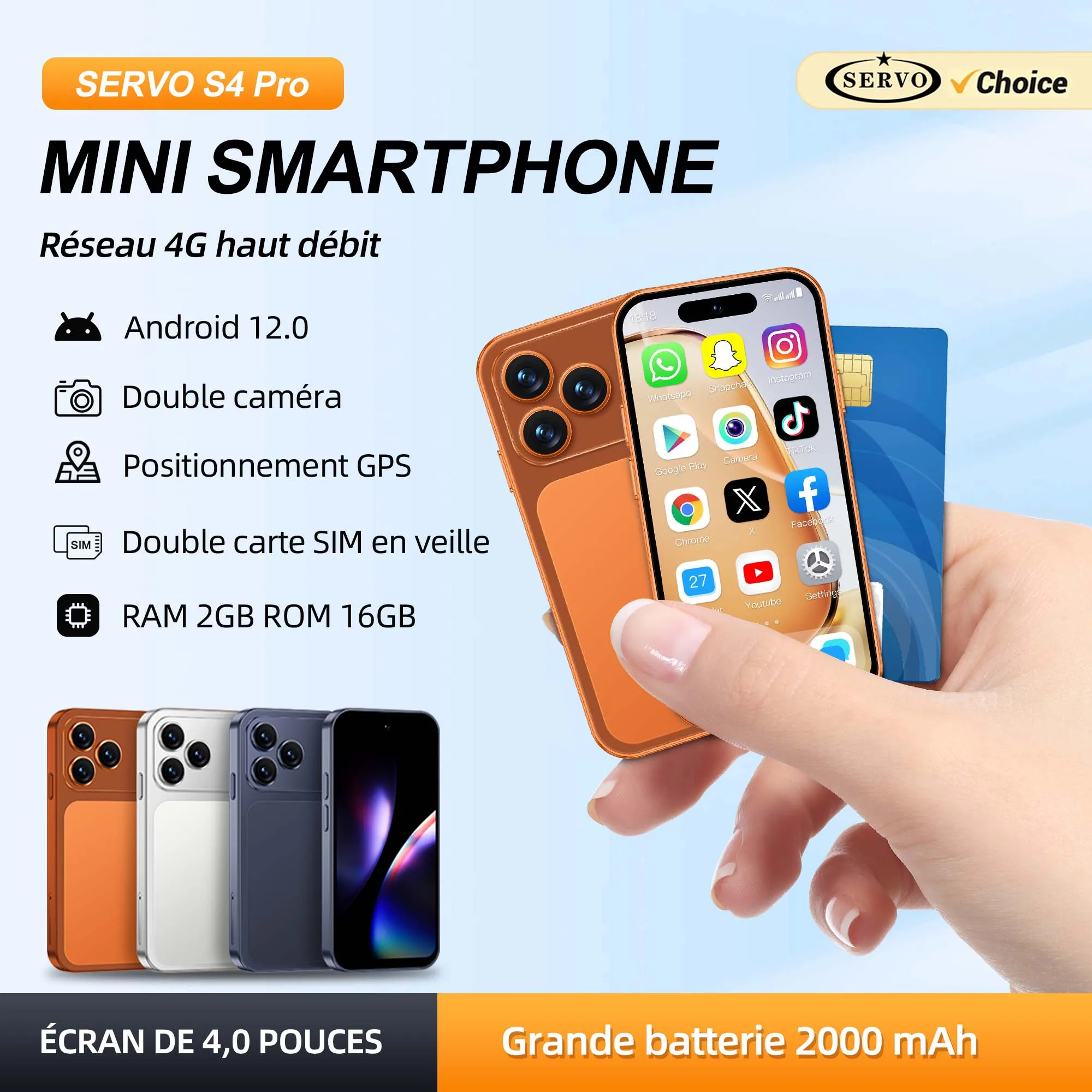 SERVO S4Pro Mini Pocket 4G LTE Smartphone Android 12 Écran 4,0 pouces 16 Go de ROM Déverrouillage facial WiFi Double SIM Play Store Téléphone mobile