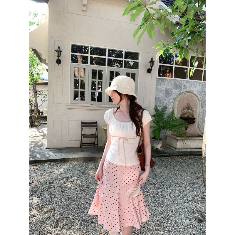 

Sweet Pink Polka Dot Midi Skirt Women Japanese Y2k Aesthetic Low Waist Slim Folds A-line Skirts Elegant Beach Faldas