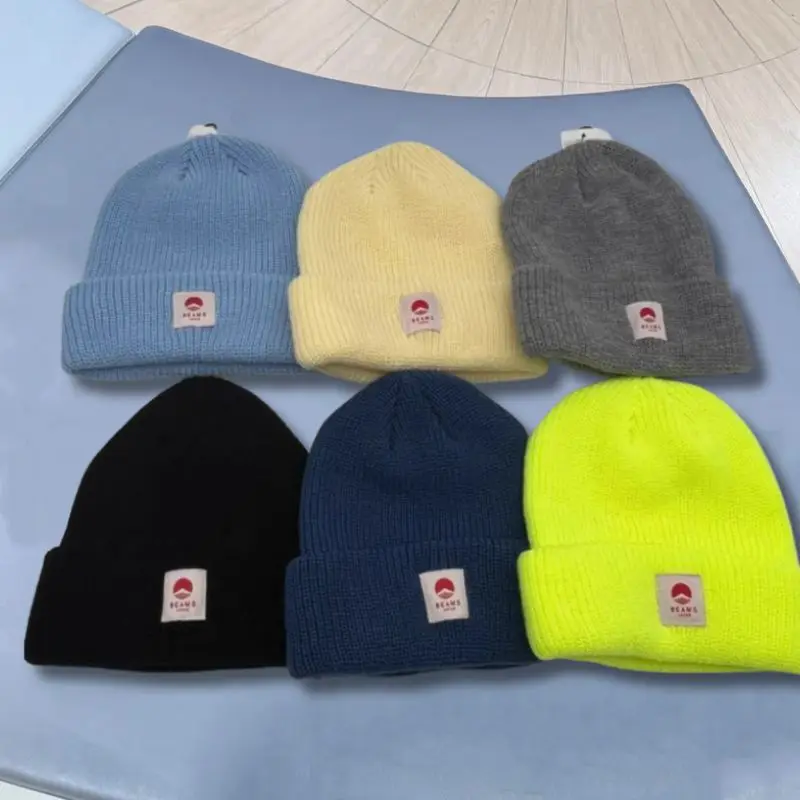 Unisex Winter Beams Caps Pasting Label Knitted Skullies Casual Loose Caps Men Women Streetwear Multicolor Couple Cold Hats