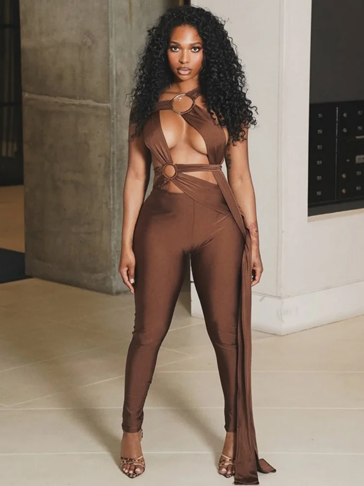 Wmstar 2025 New Women Fashionable Sexy Jumpsuits Strapless Hollow Metal Ring One Piece Pants Solid Skinny Leg Long Jumpsuit