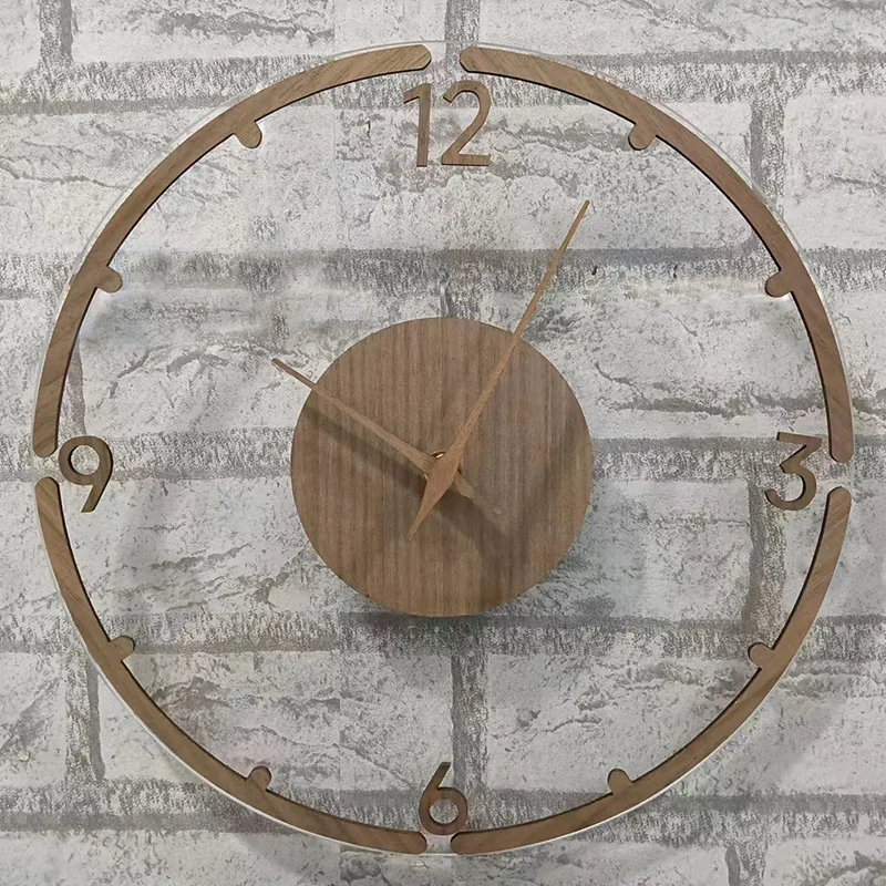 

12 Inch Walnut Wooden Simple Wall Clock Round Acrylic Transparent Clock Creative Fashion Nordic Style