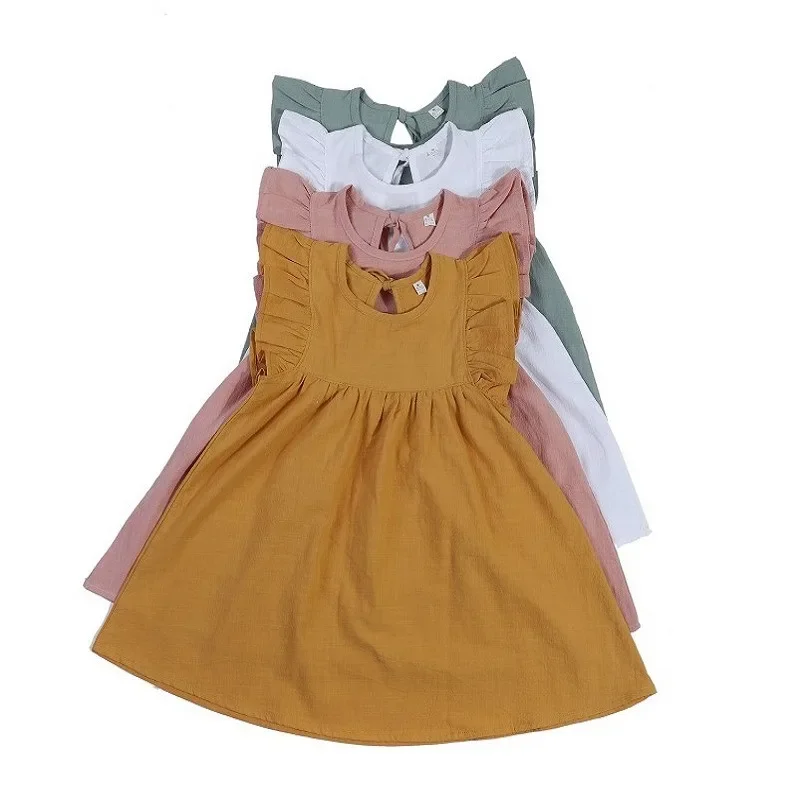 Kid Girl Dress Sweet Solid Color Sleeveless Dress Ruffled Shoulder Details Back Tie Children Adorable Skirt Casual Comfortable