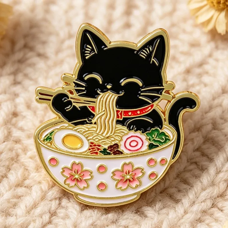 Cute Black Cat Eating Noodles Enamel Pin Lovely Animal Lapel Badge Backpack Clothes Decor Metal Brooch Daily Jewelry Gifts view 5