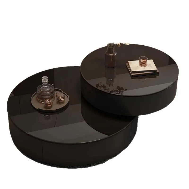

Light luxury style round black glass rotating coffee table living room home minimalist advanced