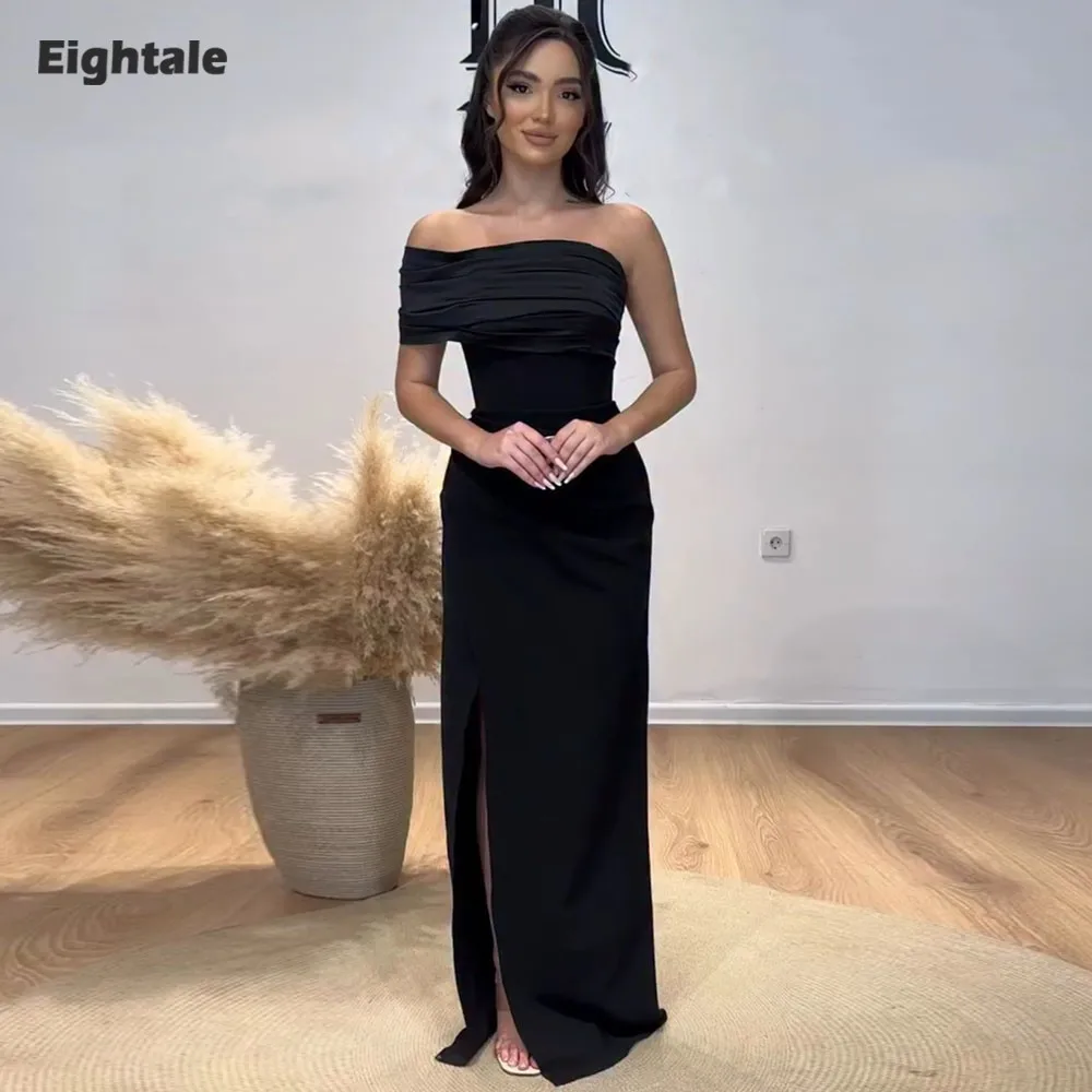 

Eightale Arabic Evening Dresses One Shoulder Satin Floor Length Sexy Black Mermaid Customized Prom Party Gowns for Wedding