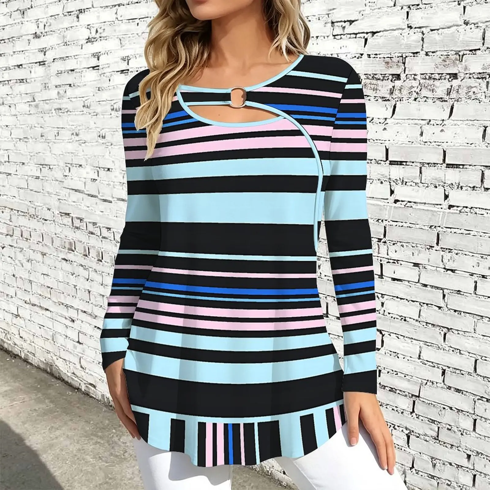 Women Long Sleeve Tunic Top Print O Ring Cutout Neck Loose A Line Hem Casual Ladies Blouse
