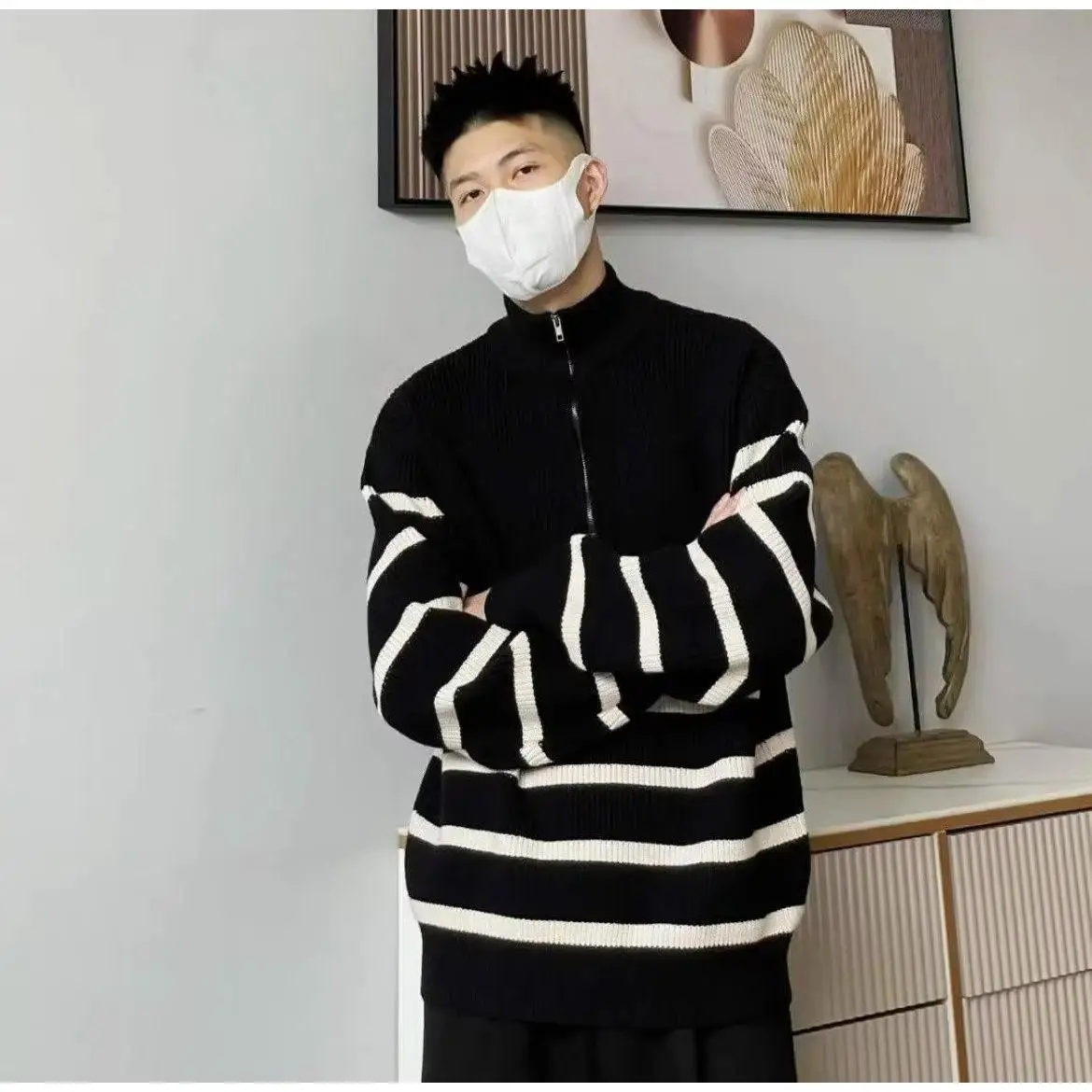 American Sle f fermeture éclair col montant pull tricoté hommes rayure mince longue Sve sweat à capuche f col haut pardessus