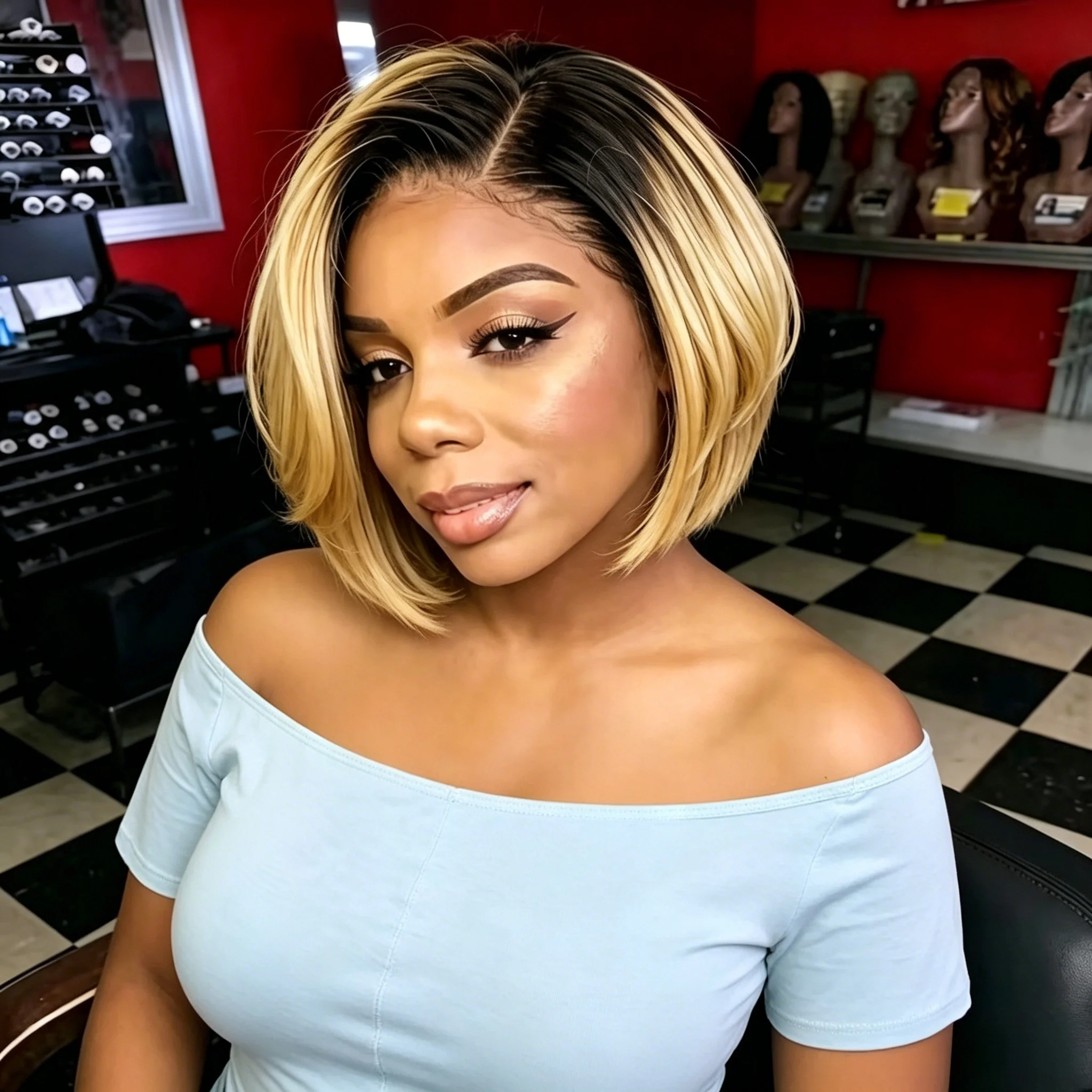 1B/27 Ombre Short Straight Pixie Bob Human Hair Wig 13X4 Lace Frontal 180% Density for Women Daily