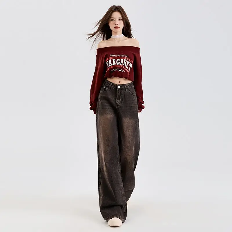 

Maillard Nostalgic Jukebox Brown Retro Wide Leg Jeans Women's Autumn All-Matching Casual Straight Trousers