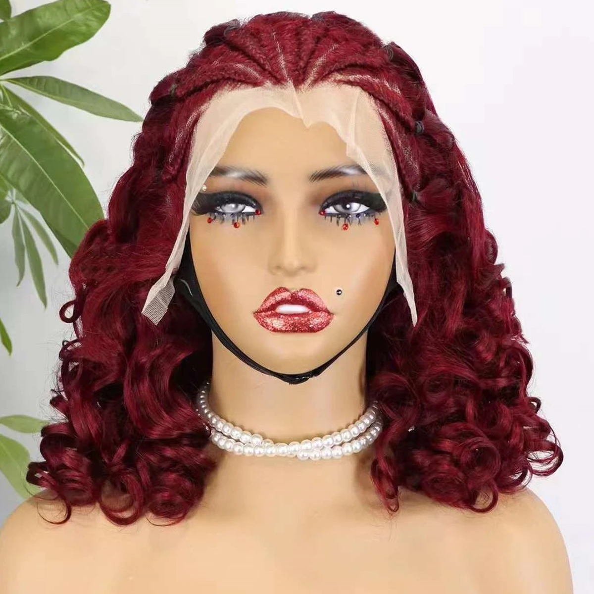 250% Density Remy Human Hair Wig with Braids Burgundy 13x4 Lace Frontal Cornrow Braided Wigs Loose Fumi Curly Bob Wigs for Women