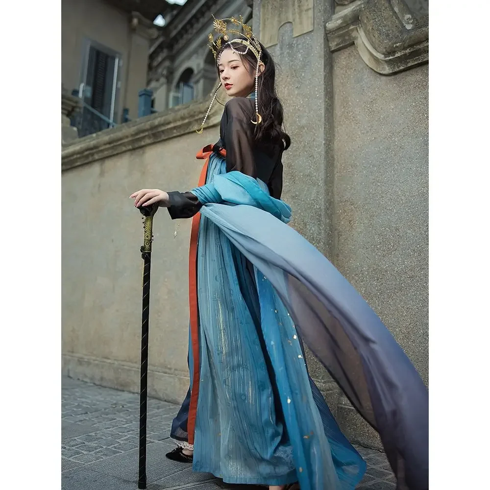 

Tranditional Han Styel Costume Southern Dynasties Hanfu Suit Black Top Blue Skirt Made By Tang Dynasty With A Chest Length Skirt