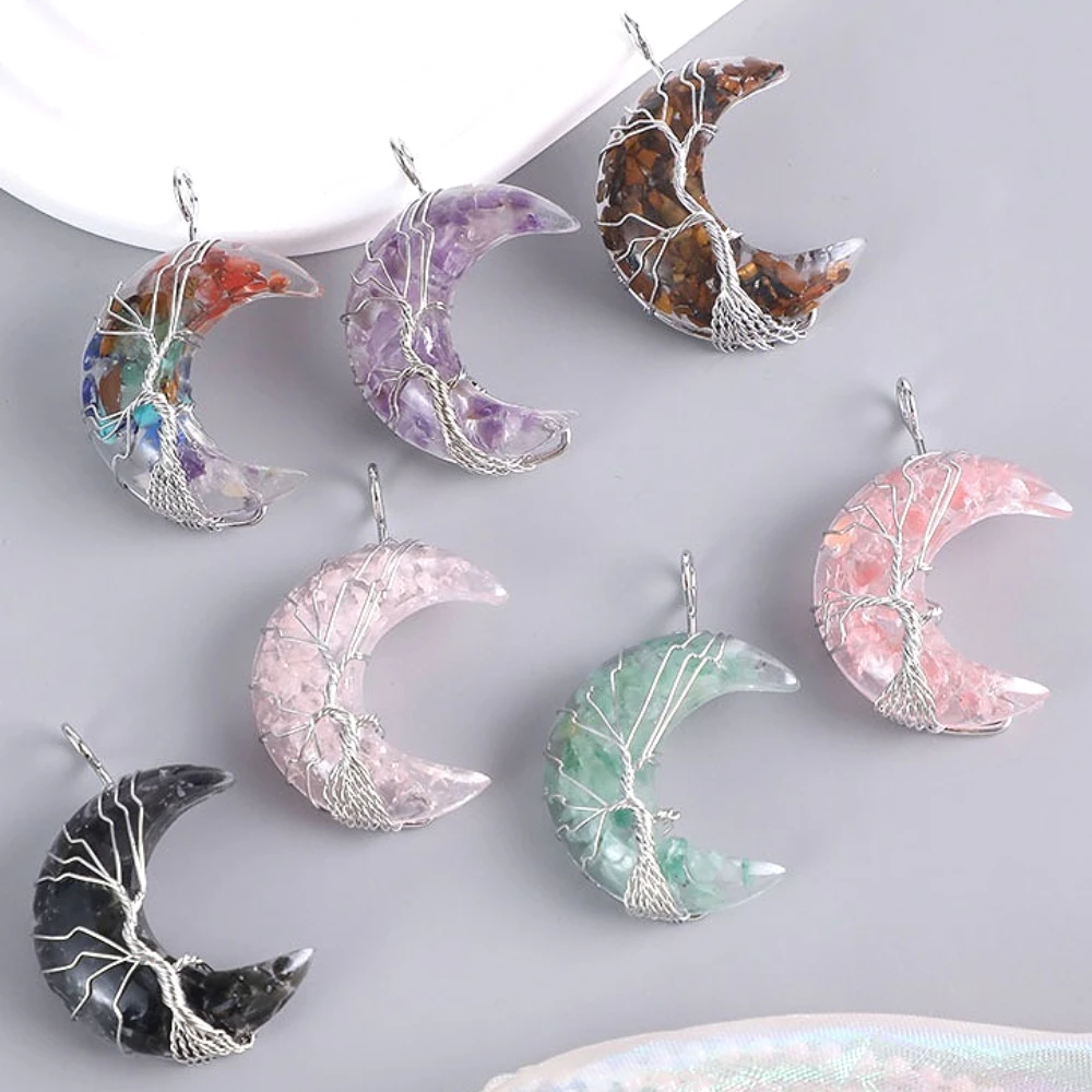 30x45 مللي متر الحجر الطبيعي الراتنج أقمار كريستال المعلقات 7 الشاكرات شجرة الحياة سلك التفاف الهلال الكوارتز الفولاذ المقاوم للصدأ عقد دي اي واي