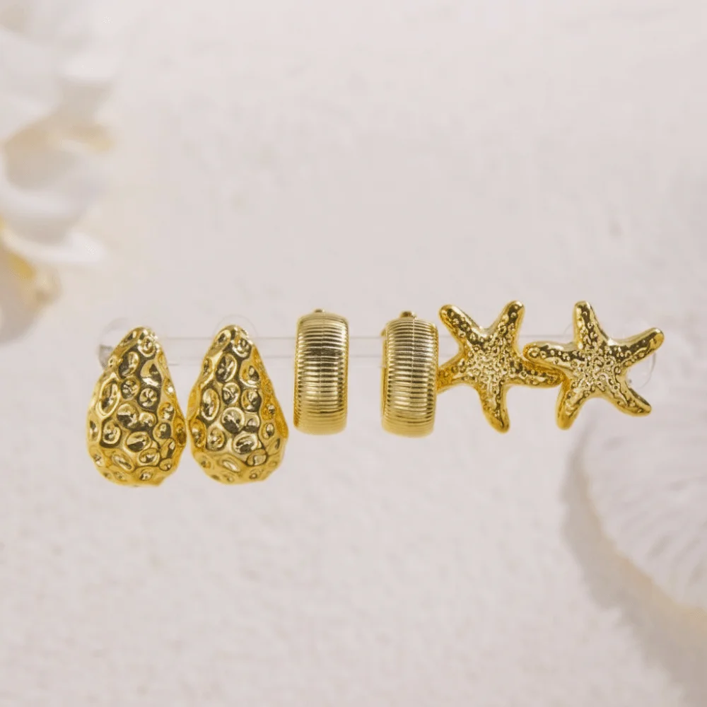 Einfache goldene Seestern-Ohrringe, strukturierte Seestern-C-förmige Ohrringe, Set mit Wassertropfen-Beschichtung, Muschel-Hängeohrringe, Urlaub – Detail 5