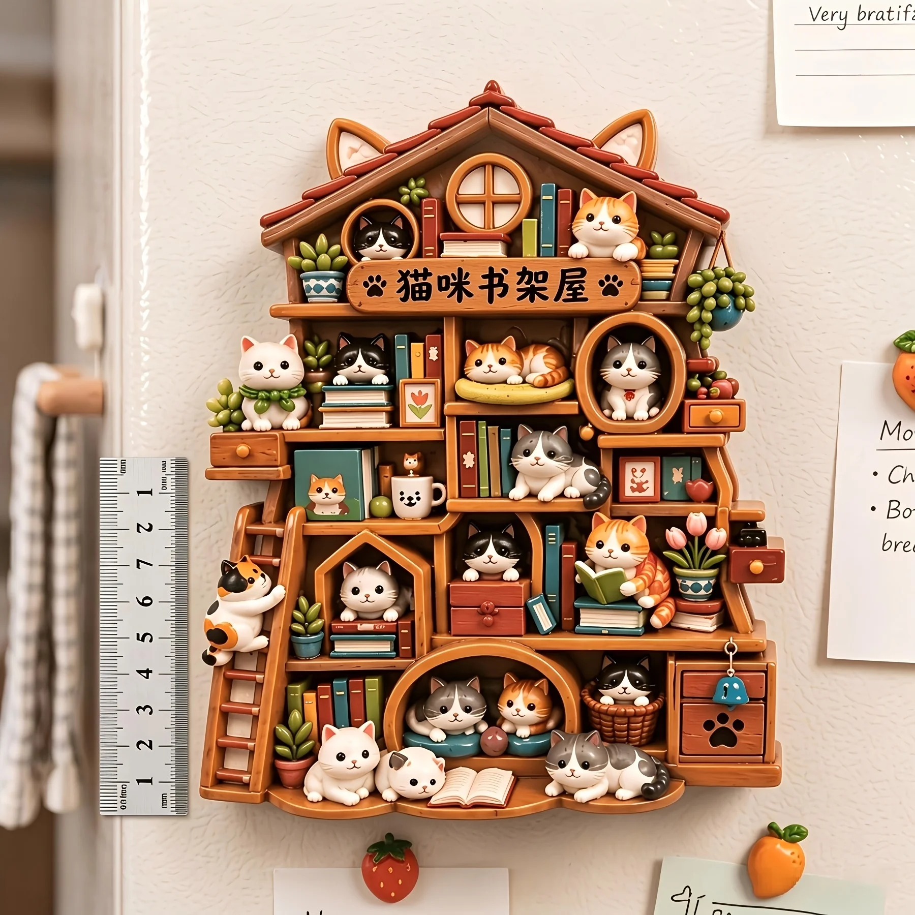 2/1 Piece Set 3D Embossed Cat Bookshelf House Fridge Magnet, Multi-Layer Wooden House Cute Cat Reading Miniature Scene Resin Magnetic Sticker, Healing Cute Bookhouse Decoration Magnet, Home Refrigerator Creative Decora