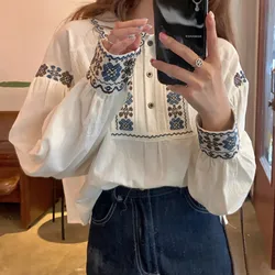 Gagarich Spring Autumn Retro Western National Embroidered Women Shirt Girl Doll Neck Unique Casual Loose Slimming Blouse Top