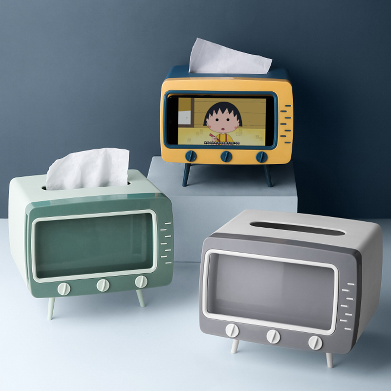  Creative 2 In 1 TV Tissue Box Desktop Paper Holder Dispenser Storage Napkin Case Organizer with Mobile Phone Holder 