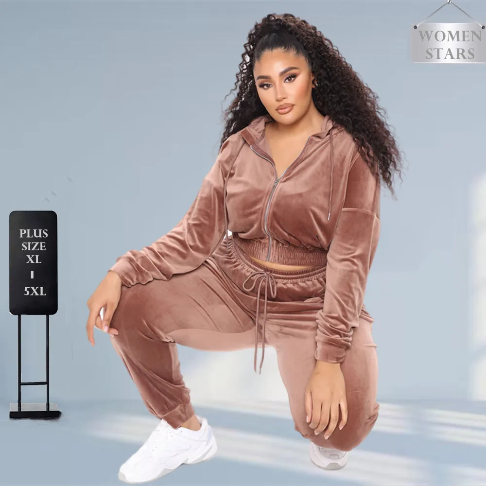 

Sweatsuit Plus Size Women's Clothing 3 Piece Sets Velvet Matching Suit Zipper Tops Vest Pants Sportswear Wholesale Droppshing