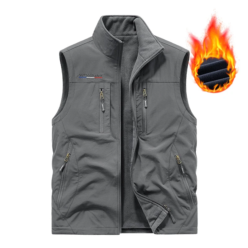 Winter Men's Multi-pocket Vests Casual Outdoor Fleece Fishing Vest for Men Warm Photographic Tooling Sleeveless Jackets Clothing