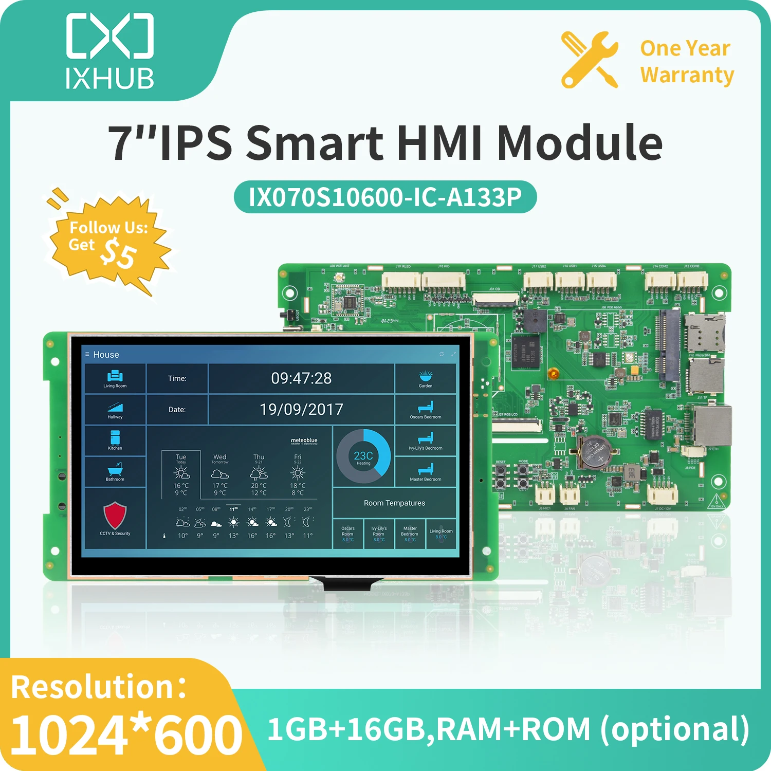 IXHUB 7 Inch Panel LCD Combo 5-point Capacitive Touch 300/600nit Pane Module Kit Allwiner A133 IPS LCD Module Linux Android