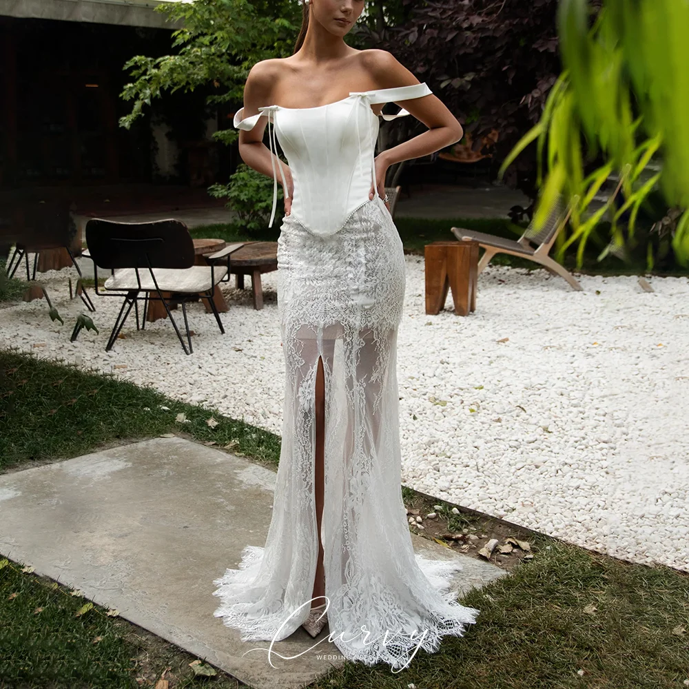 Curvy Romantic Mermaid Wedding Dress Off Shoulder Bow Detail Floral Lace Front Slit Train Bridal Gown for Women Wedding Party