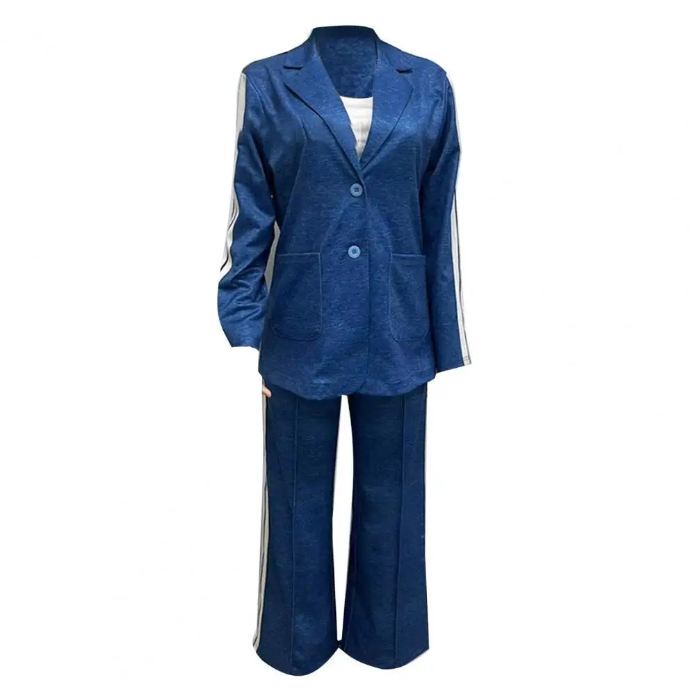 Lady Commuter Suit Elegant Women\'s Formal Coat Pants Set with Striped Wide Leg Trousers Chic Single-breasted Jacket for Daily