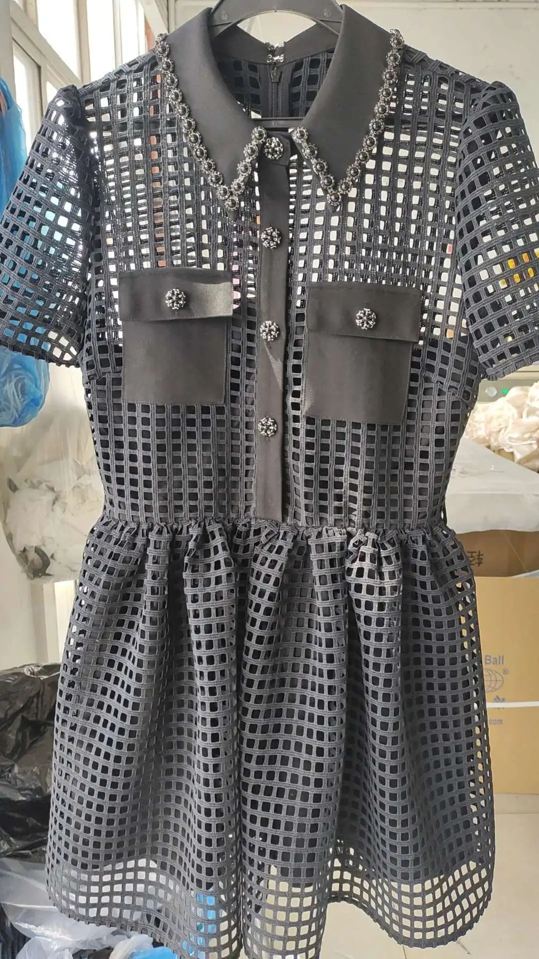 SP French Light Fragrance Short Sleeved Beaded Heavy Industry Water Soluble Lace Hollow Small Black Dress