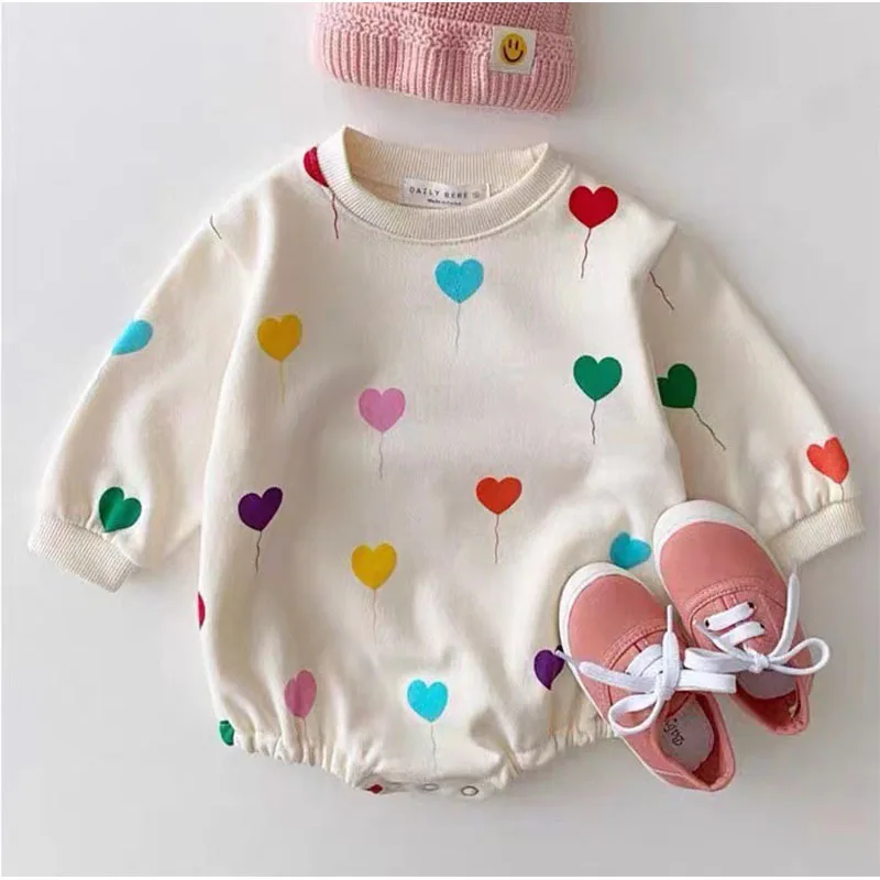 

2024 Korean Spring Autumn Baby Girls Romper Cotton Printed Love Balloon Long Sleeve Jumpsuit Pullover Loose Toddler Girls Outfit