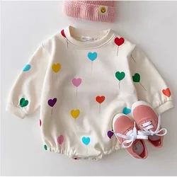 2024 Korean Spring Autumn Baby Girls Romper Cotton Printed Love Balloon Long Sleeve Jumpsuit Pullover Loose Toddler Girls Outfit