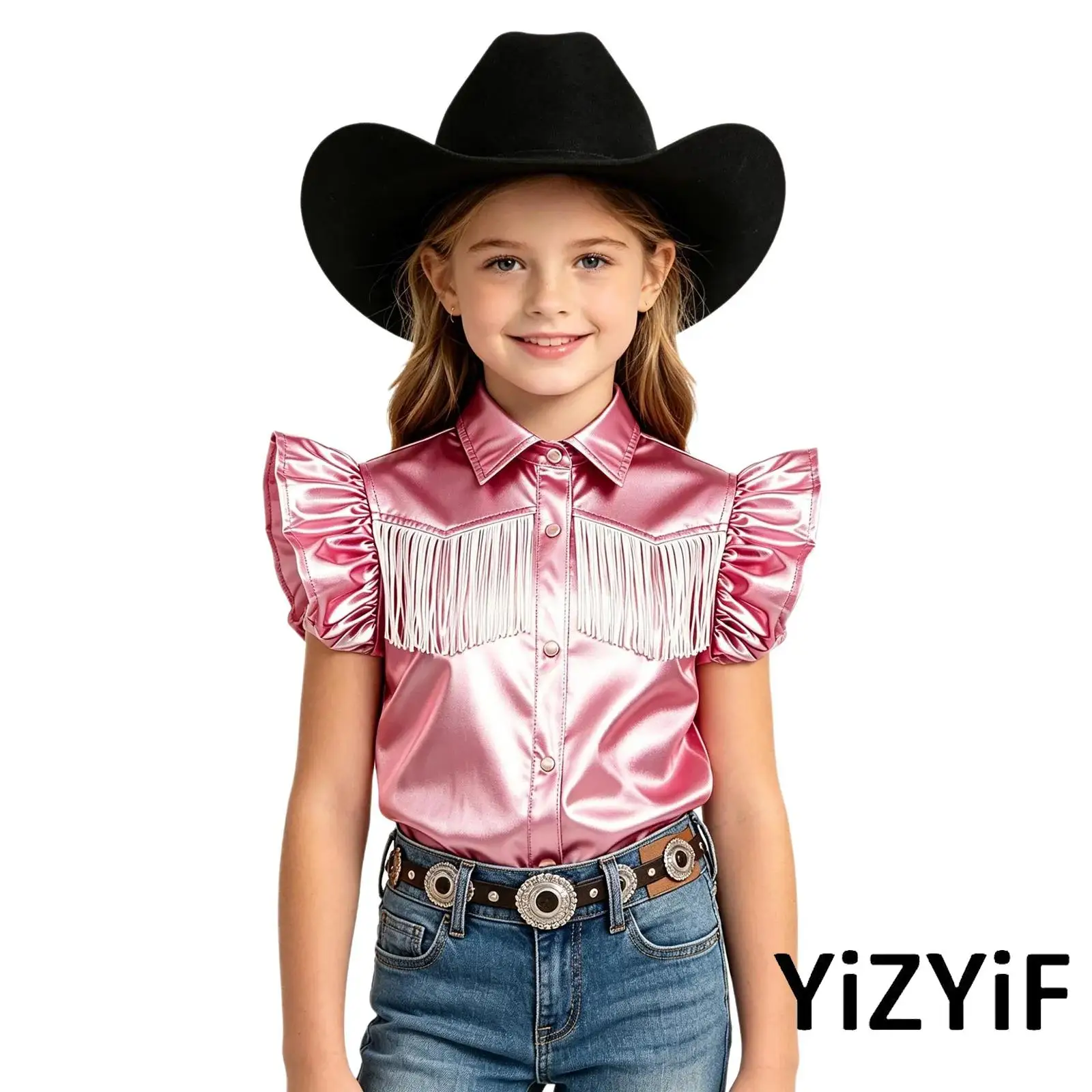 

Children Girls Western Cowgirl Top Metallic Shirt Turn-down Collar Tassel Tops for Jazz Hip Hop Disco Dance Party Clubwear