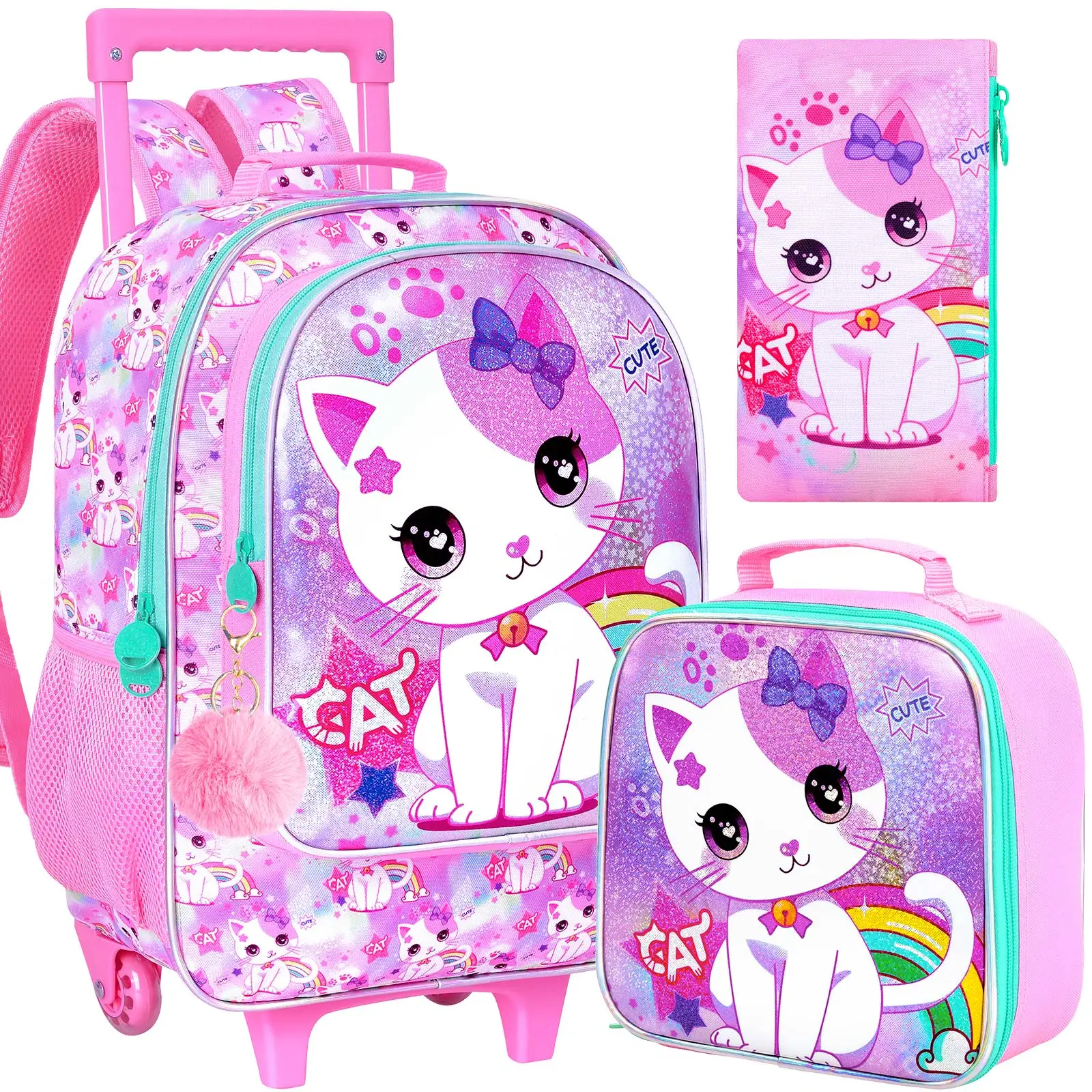 

3PCS Rolling Backpack for Girls and Boys, Kids Roller Wheels Bookbag, Wheeled Elementary School Bag with Lunch Bag