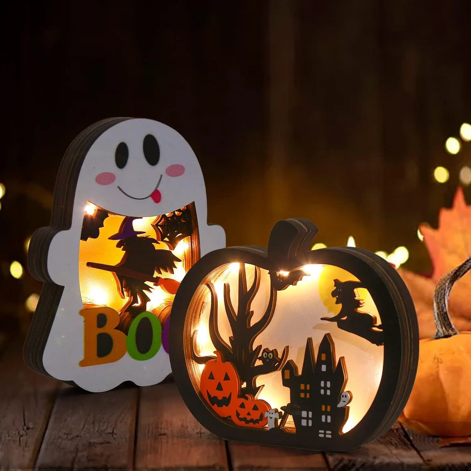 Halloween Wooden Tabletop Lighting Pumpkin, 2 Pack Glowing Pumpkin Ghost Lantern Shadow Box Halloween Tabletop Decorations Ornam