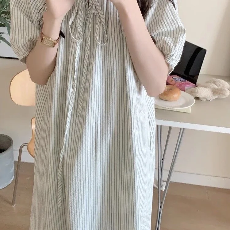 

Летняя японская простая полосатая свободная ночная рубашка с коротким рукавом в корейском стиле, милая студенческая ночнушка, женская домашняя одежда