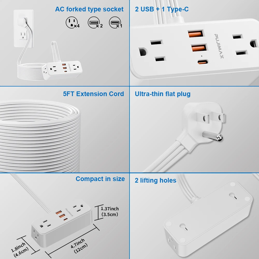 PUJIMAX US Plug Multitap Power Strip AC Outlet 1.5m Cable Electrical Socket Smart USB Home Office Surge Protector Network Filter