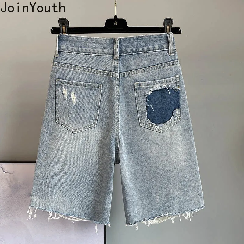 Heavy Diamond Shorts Women High Waist Denim Wide Leg Pants Casual Fashion Hollow Out Summer Shorts Pantalones Cortos De Mujer