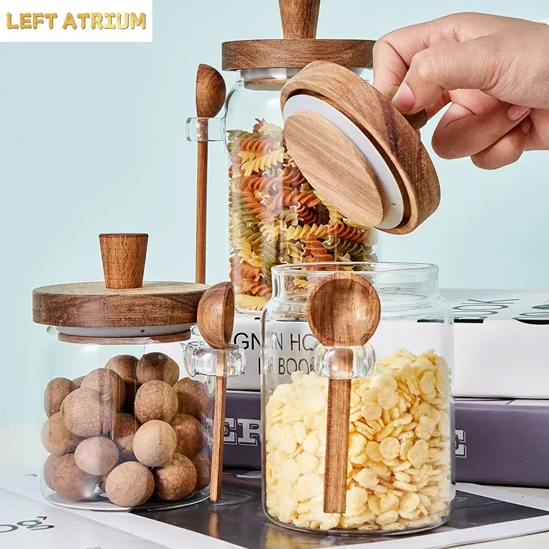 Glass Sealed Jar Five Grains Coffee and Tea Storage Can with Wooden Spoon Seasoning Bottle Kitchen Moisture-proof Storage Tank