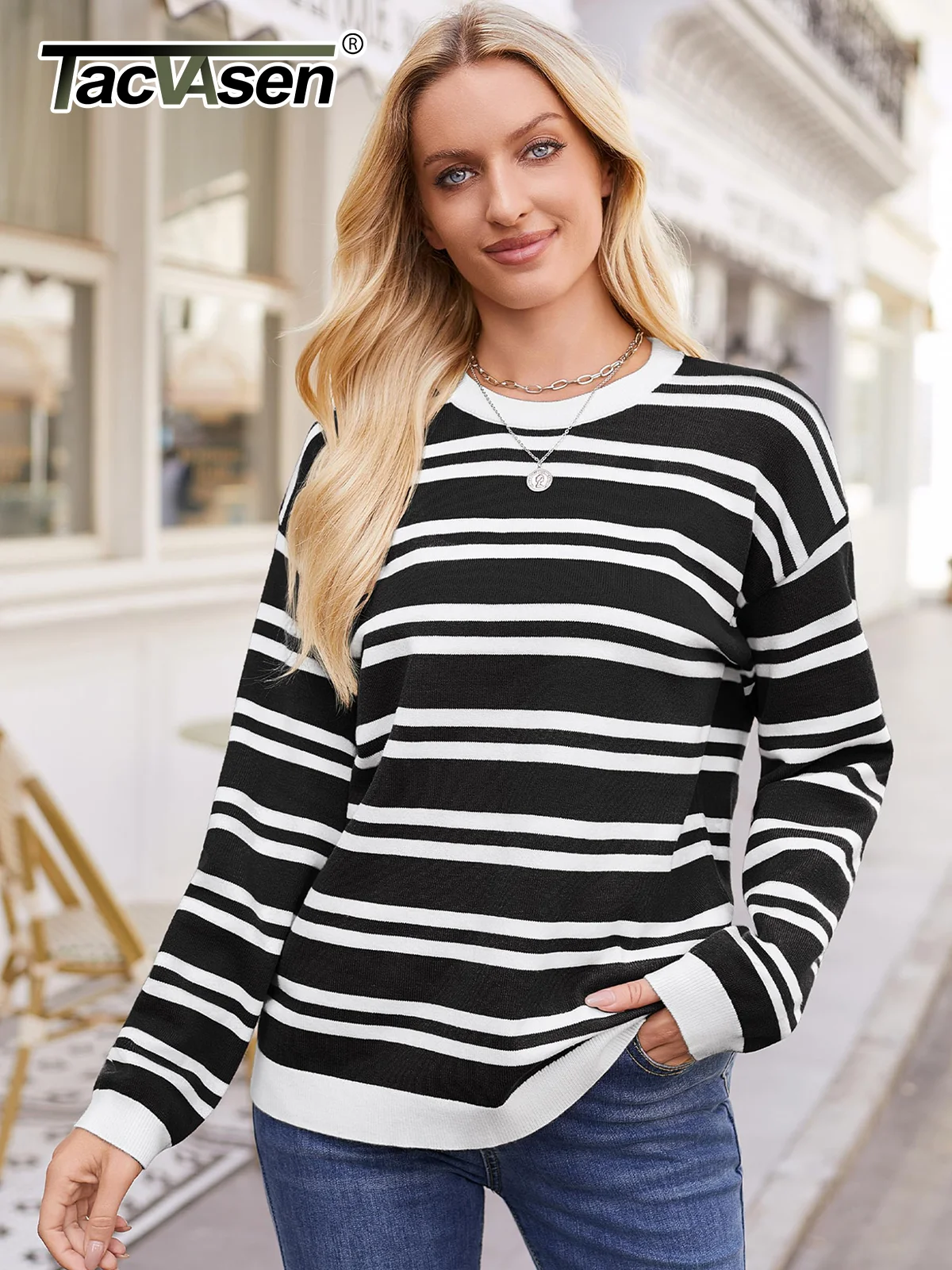 

TACVASEN женские повседневные полосатые свитера с длинными рукавами и круглым вырезом, свободный крой, пуловер, мягкие легкие вязаные зимние теплые базовые топы