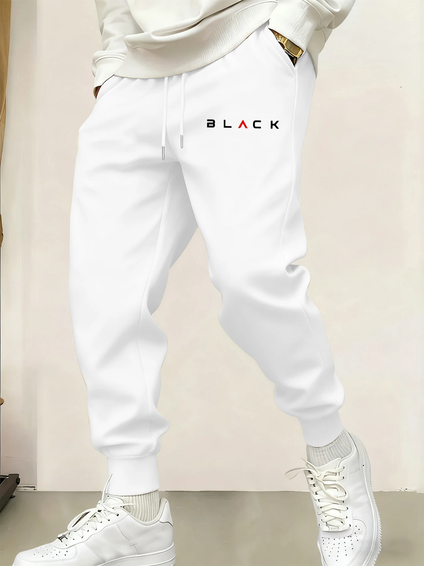 

Black Letter Creativity Prints Men Basics Pants Autumn Street Britches Trendy Elastic Waist Sportpants Pocket Fleece Trousers