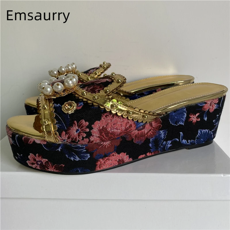 

Embroidery Flower Luxury Satin Sandals Women High Platform Wedges Slingbacks Rivet Diamond Crystal Buckle Shoes Summer