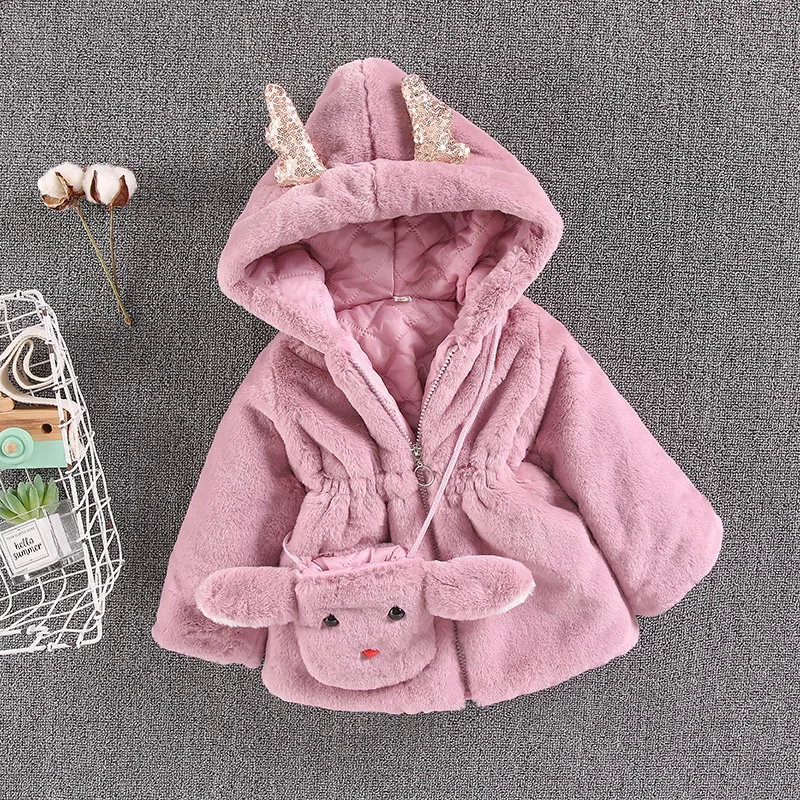 Girls imitated fur coat new winter fur clothing children antlers bags thickening quilted jacket 4 to 12 years old