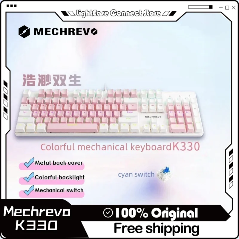 

Mechrevo K330 Mechanical Keyboard Wired Gaming Keyboard Metal Panel 104 Key Mixed Color Backlight White Pink Color Cyan Switch