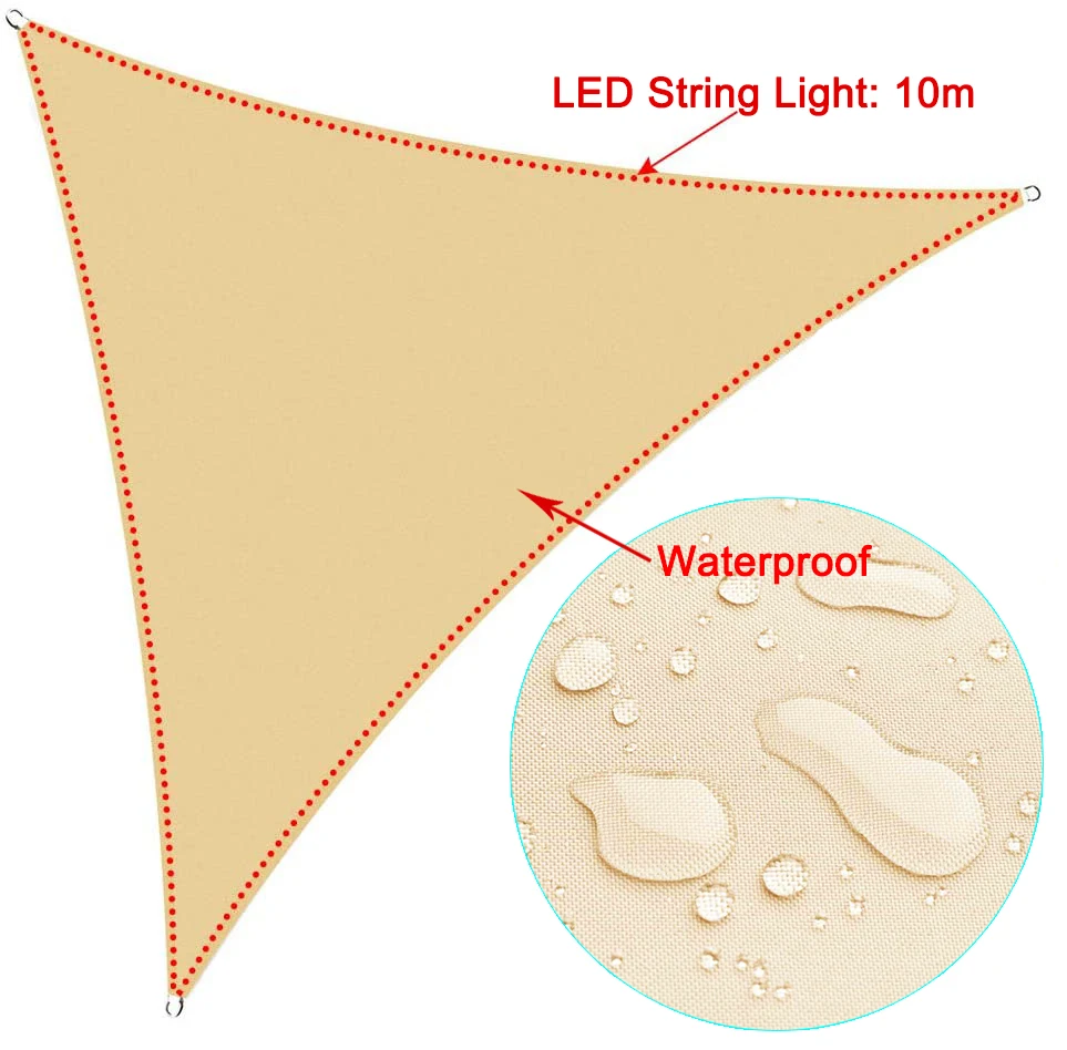 10\'\'x10\'x10ft trójkąt wodoodporny żagiel cieniujący markiza zewnętrzna romantyczna ciepła 420D Oxford parasol przeciwsłoneczny LED Light String