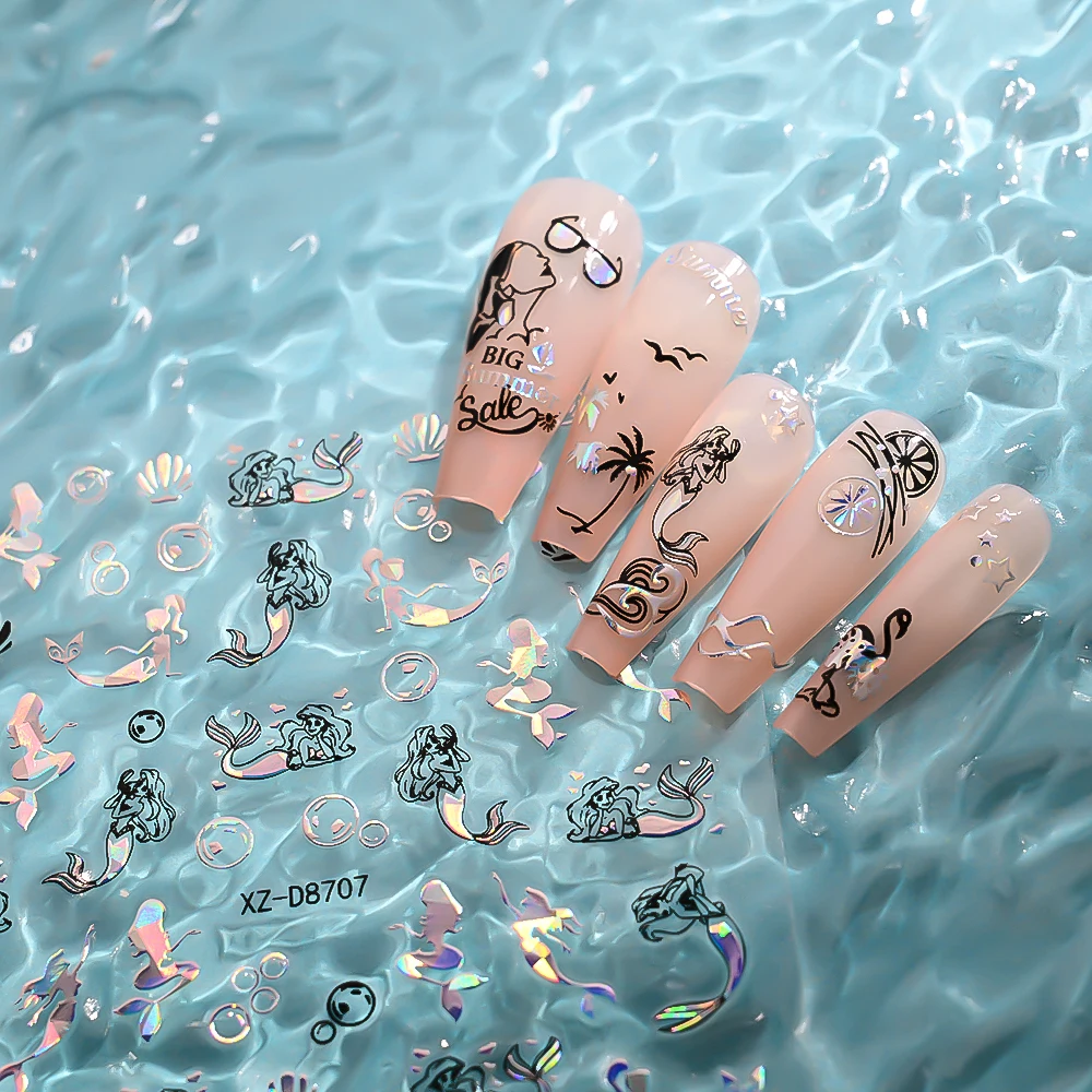 12Pcs Laser Blue Black Summer Sea Nail Stickers 3D Mermaid Shell Starfish Butterfly Press On Nails Slider Deco Shiny Nail Decals 6