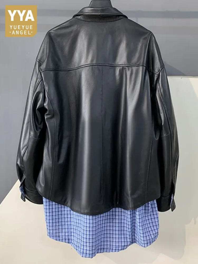 Office Ladies Patchwork Color Lapel Genuine Leather Jacket Loose Single-Breasted Pocket Long Sleeves Sheepskin Outerwear